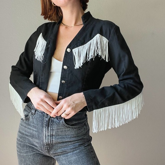 Vintage Jackets & Blazers - Vintage Black White Fringe Cropped Western Denim Stretch Jacket